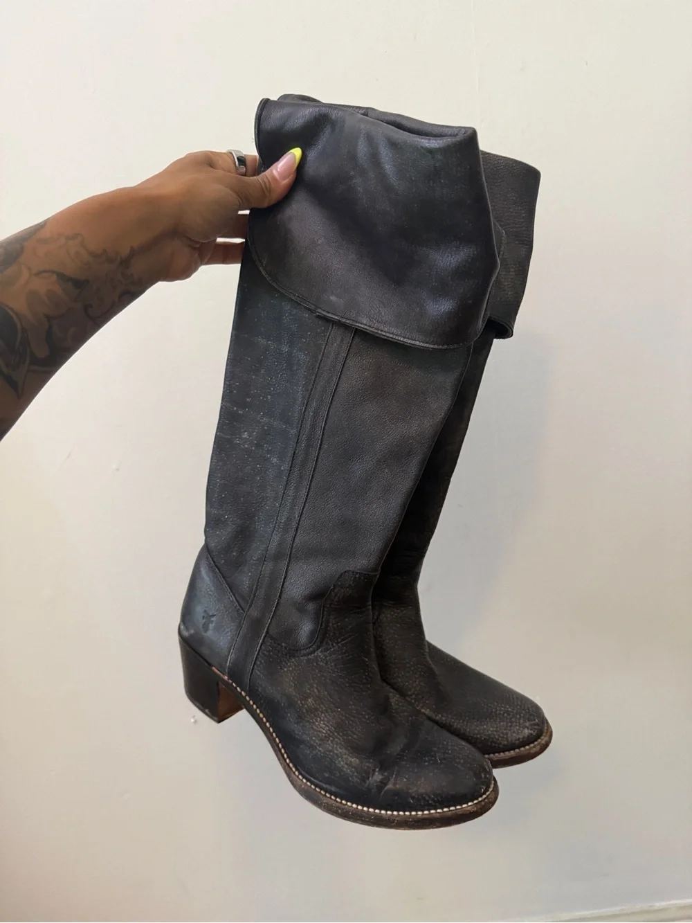 Frye Black Fold-Over Over-the-Knee Leather Boots